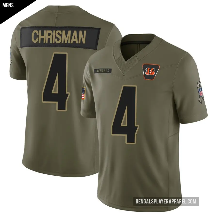 Men's Cincinnati Bengals ＃4 Drue Chrisman Olive Limited 2025 Salute to Service Jersey