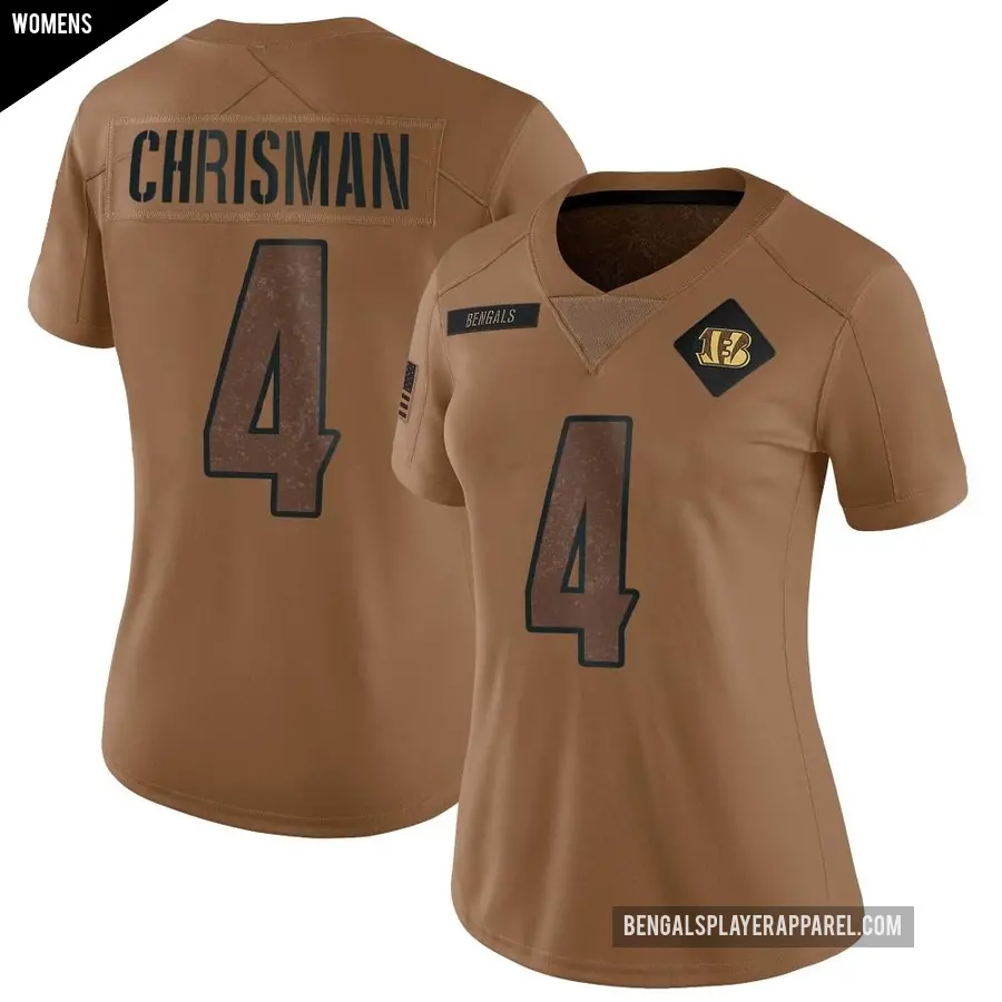 Women's Cincinnati Bengals ＃4 Drue Chrisman Brown Limited 2023 Salute To Service Jersey