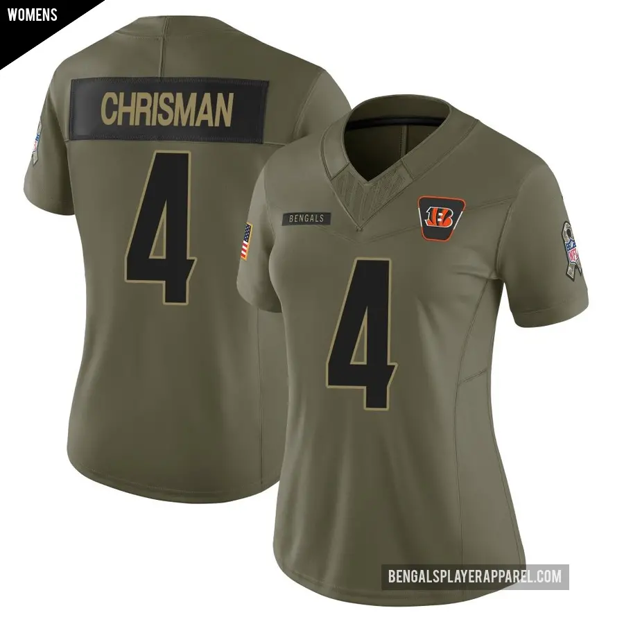 Women's Cincinnati Bengals ＃4 Drue Chrisman Olive Limited 2025 Salute to Service Jersey